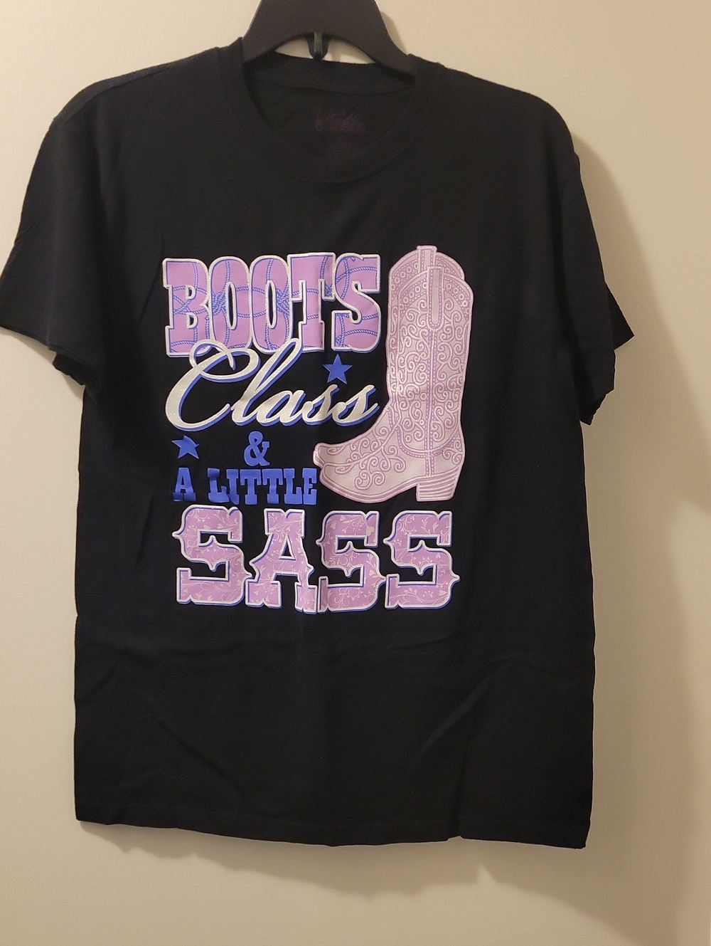 Women's Black Graphic Tee - 'Boots Class & A Little Sass' in Pink